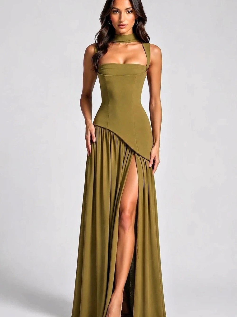 Olive Green Asymmetrical Maxi Dress from Montarello.com